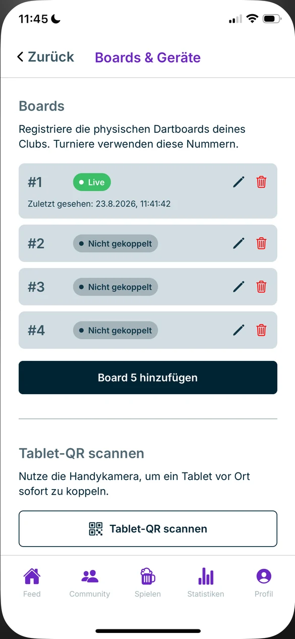 Board-Übersicht eines Clubs mit Kopplungsstatus und der Schaltfläche zum QR-Scan