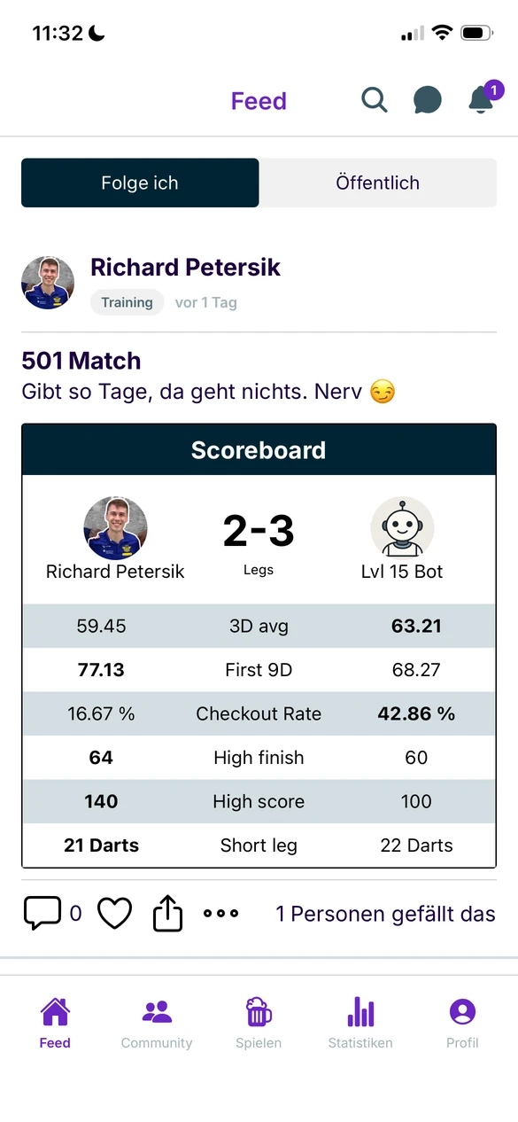 Dartcom-Feed mit einer gespielten 501-Partie samt Scoreboard und Statistikzeile