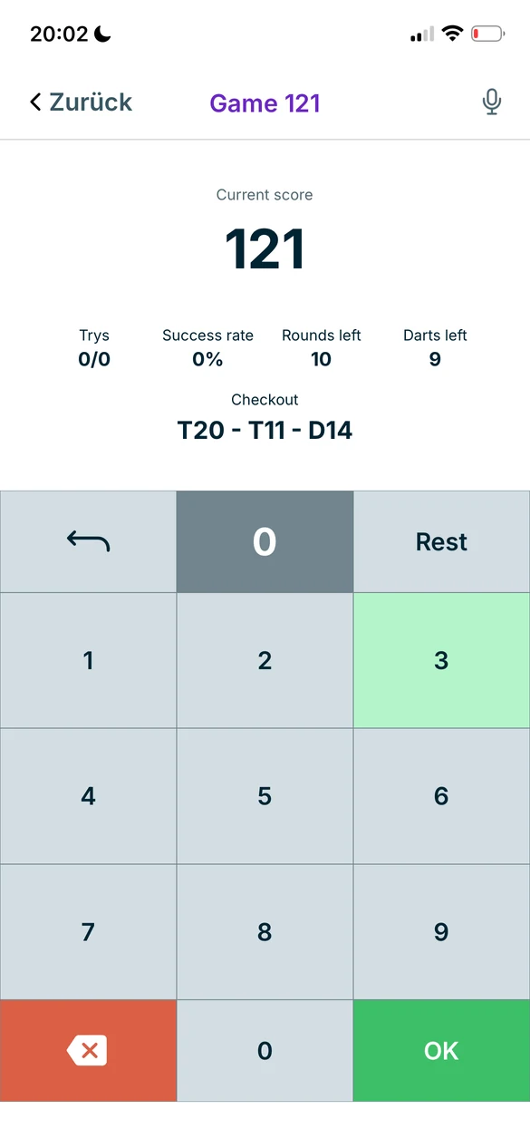 Game 121 im Spiel: Restpunktzahl 121 mit dem Checkout-Vorschlag T20 – T11 – D14