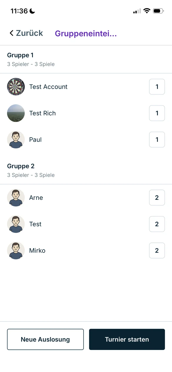 Gruppeneinteilung mit den Schaltflächen für neue Auslosung und Turnierstart