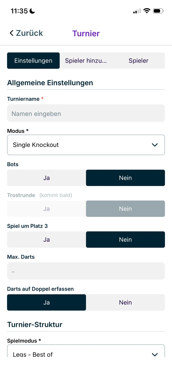 Turniereinstellungen mit Turniername, Modus, Bots und Spiel um Platz 3